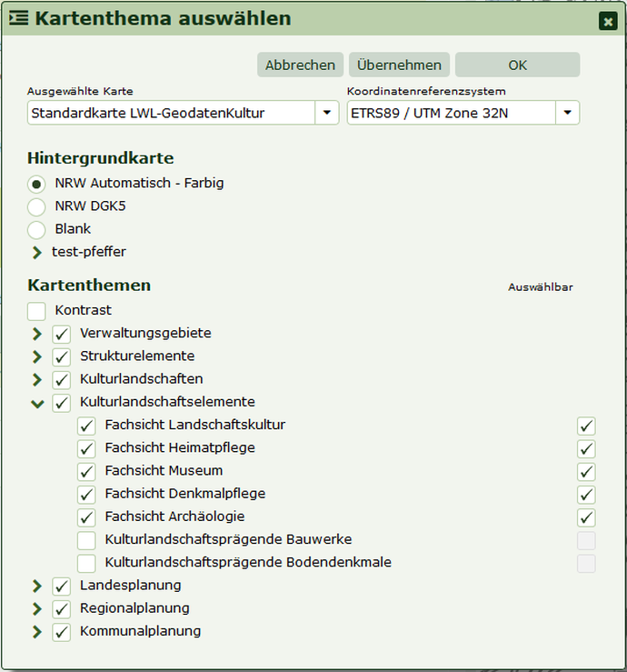 Beispiel des Fensters Kartenthema auswählen