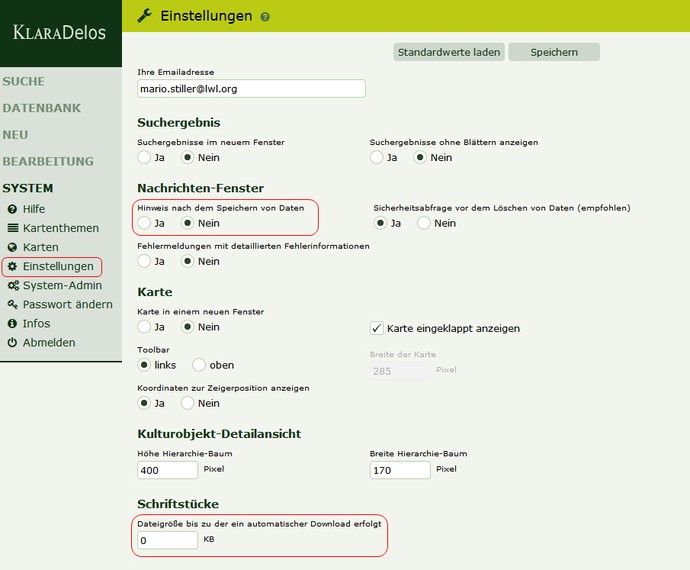 Ansicht der Einstellungen